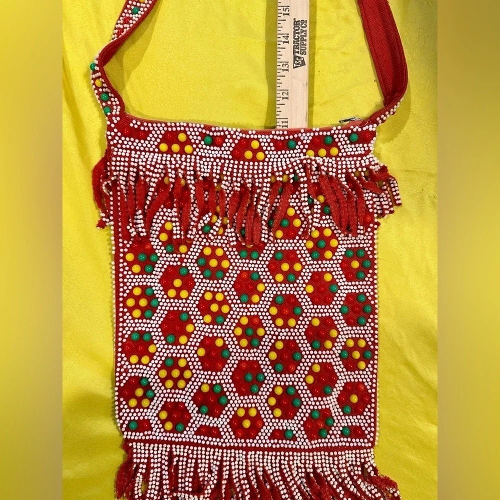 Vintage Beaded Fringe Shoulder Bag Crossbody Red Boho Ethnic Festival Purse HK